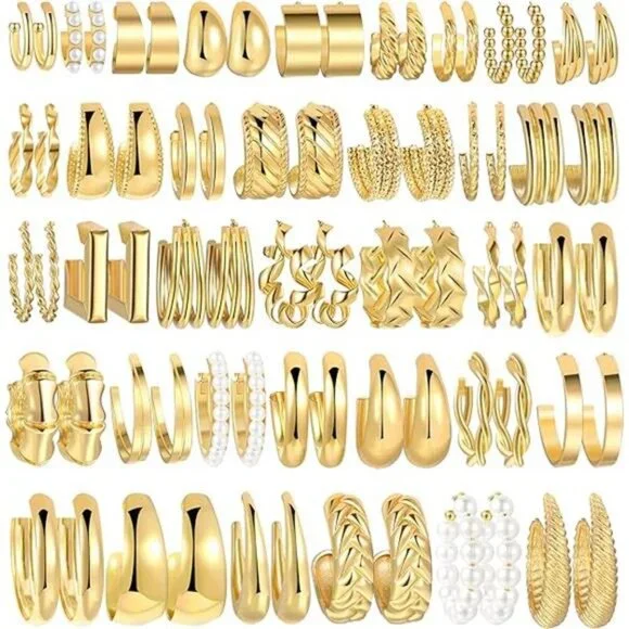 36 Pairs Gold Hoop Earrings Set for Women, Fashion Chunky Gold Hoop Earrings - Picture 7 of 7